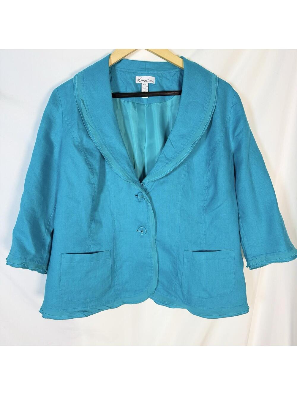 Kim Rogers Womens PL 100% Linen Jacket Turquoise 2 Button Front Pockets Ruffles